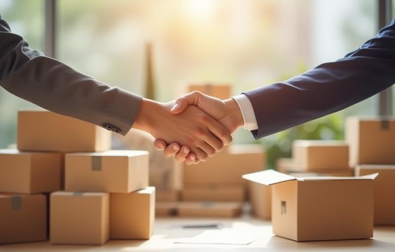 Image representing wholesale partnership, showing toy boxes and a handshake